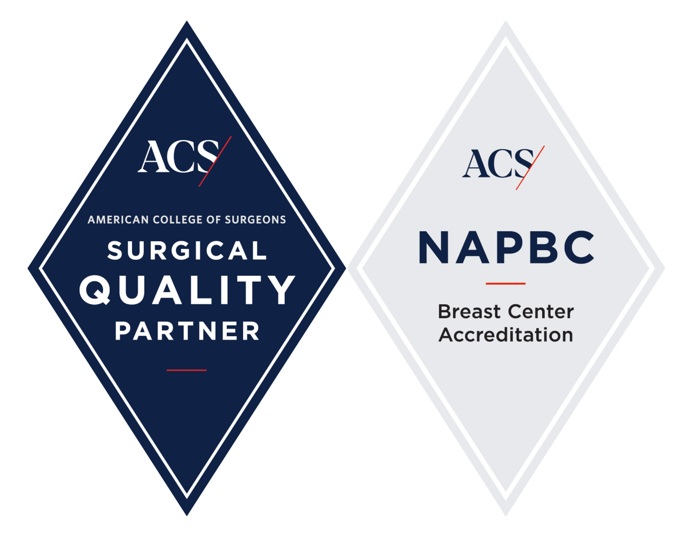 Two Diamond Seals One with text: ACS American College of Surgeons Surgical Quality Partner and the other with text: ACS NAPBC Breast Center Accreditation