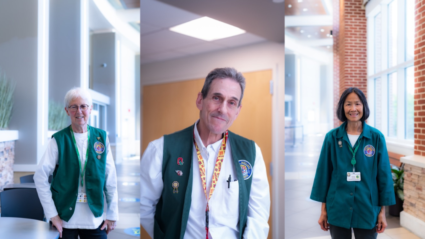 Three individuals wearing green vests with logos stand indoors in different modern spaces.